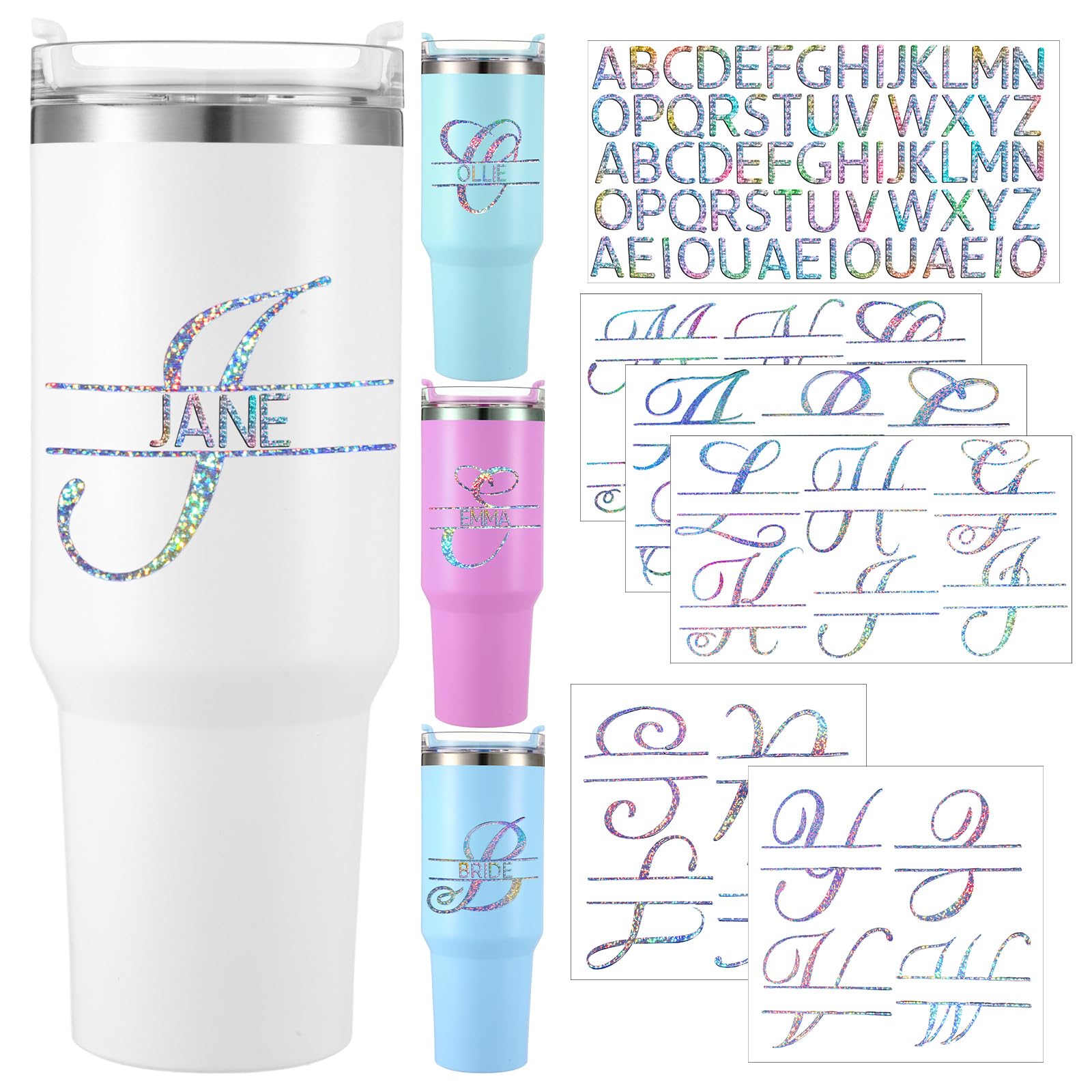 Photo 1 of 10 Sheets Personalized Split Letter Stickers for Water Bottles Waterproof Vinyl Name Decals for 30 40 oz Tumbler UV DTF Cup Wraps Custom Stickers for DIY Bag Suitcase Helmet Laptop(Holographic)