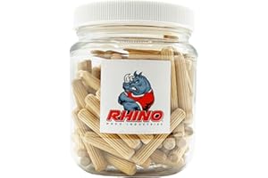 Rhino Wood Industries - 1/4" x 2" - 100 Pack Wooden Dowel Pins in Plastic Jar - Kiln Dried, Fluted, and Beveled (1/4" x 2", 100pk, Jar)