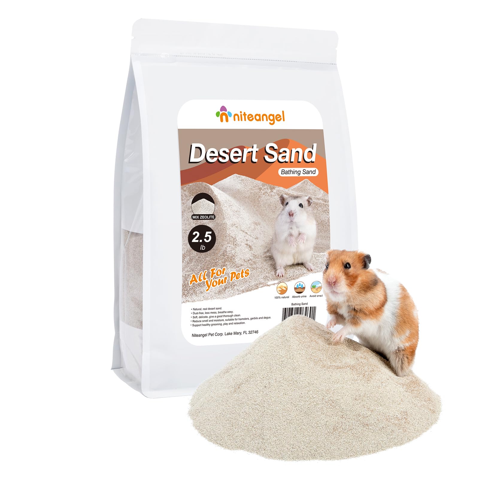 Niteangel Hamster Desert Bath Sand | No-Dust Bath or Potty Litter for Hamsters, Chinchillas, Gerbils, Mice, Degus and Other Small Pets (2.5LB, Desert Sand & Zeolite Particles)