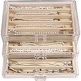 CLUQMEIK Necklace Organizer Box with Clear Lid, Dustproof Velvet Jewelry Holder Storage Display Case, Stackable Acrylic Necklace Tray Drawer Insert for Women and Girls (Beige,3 Drawers)