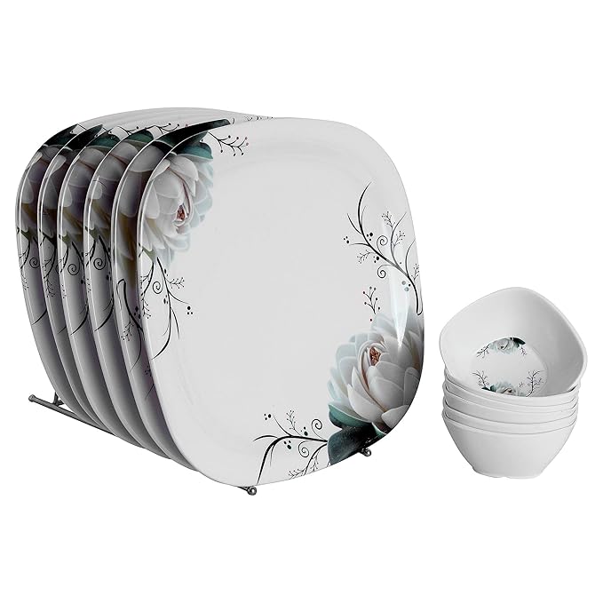 Buy Golden Fish Unbreakable Square Floral Print Full Dinner Plates (Set