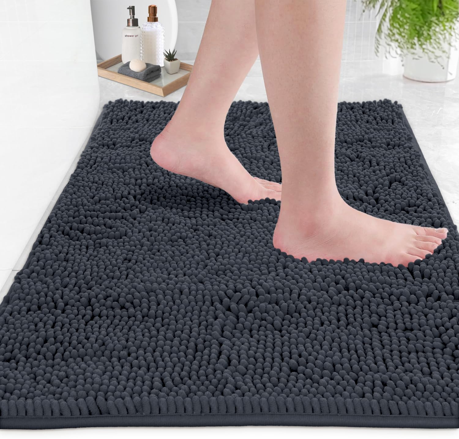 LuxUrux Bath Mat-Extra-Soft Plush Bath Shower Bathroom Rug, 1'' Chenille Microfiber Material, Super Absorbent Shaggy Bath Rug (Charcoal, 50 x 80 cm)