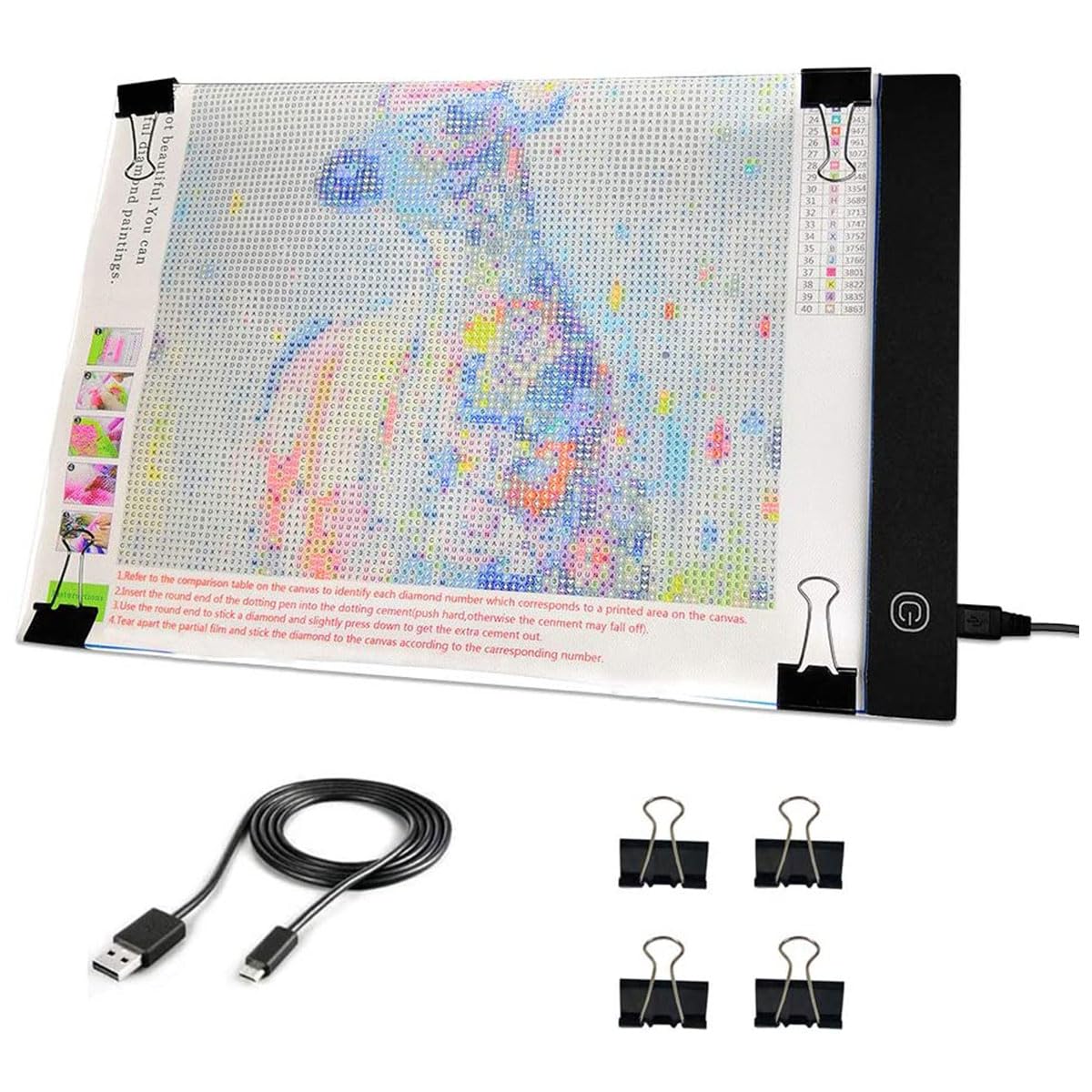 JUSONEY A4 LED Light Pad for Diamond Painting- Adjustable Brightness Drawing Board and Fasten Clips- USB Powered Light Board for Diamond Art Accessories Sketching Animation Artists(No Stand)
