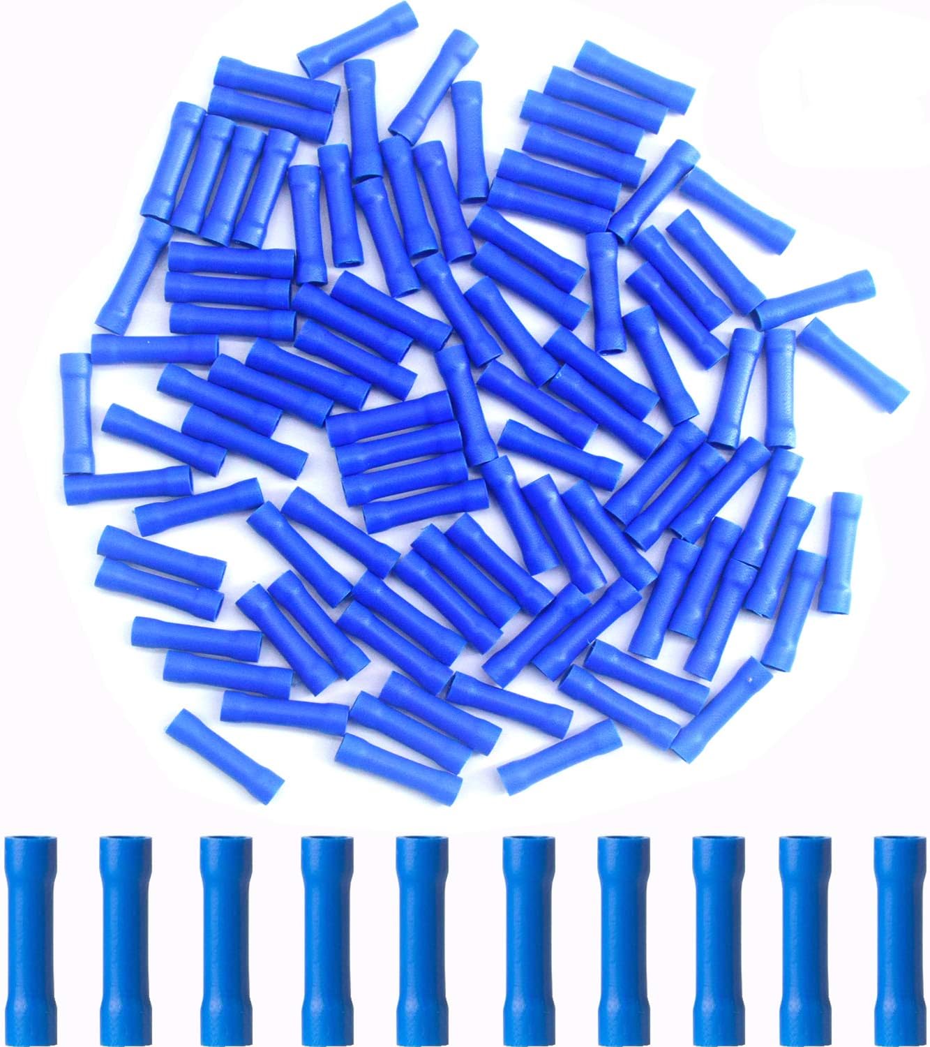 CEEYSEE 100Pcs of Blue Insulated Butt Splice Terminal Butt Splice Electrical Wire Crimp Connectors(PTL), Blue 16-14AWG