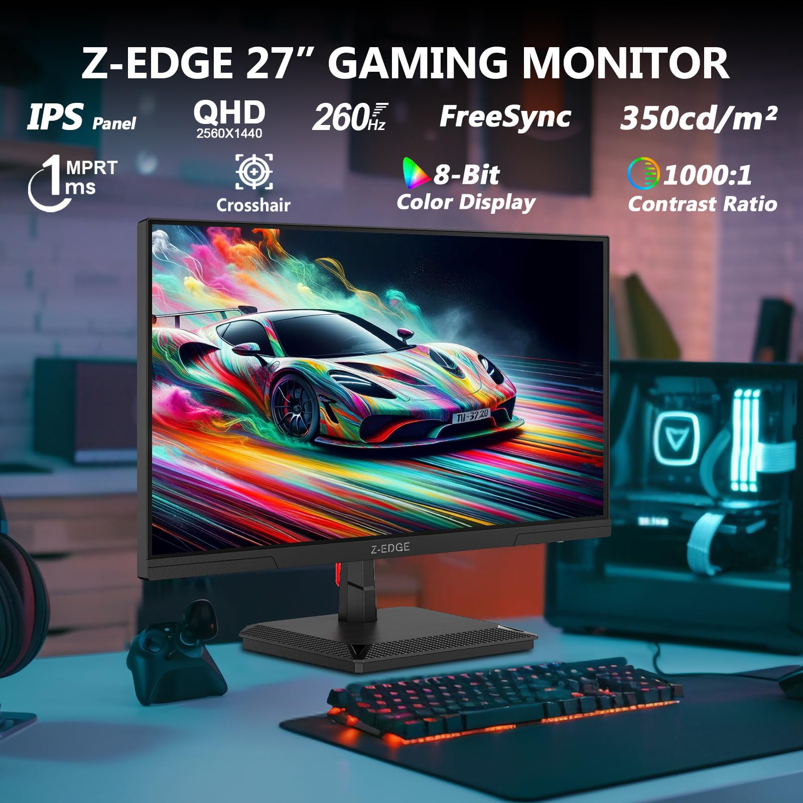 Z-Edge 27 Zoll 260Hz QHD Gaming Monitor (Unterst. 240Hz) 1ms MPRT, 2K 2560x1440 IPS Panel, LED Monitor, 350cd/m² Helligkeit, HDR10, FreeSync, DisplayPort (260Hz 240Hz), HDMI (144Hz), Schwarz 2