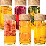 Nuogo 6 Pack Glass Drinking Bottles 10oz Wide Mouth Juice Bottle with Lids Leak Proof Water Jar for Travel, Reusable Airtight