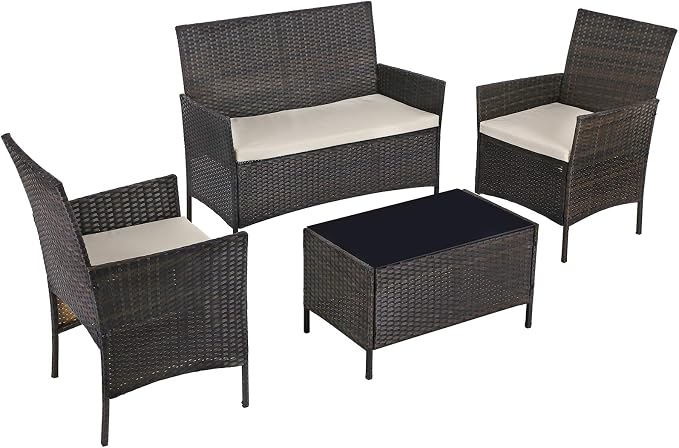 Amazon Com Songmics Set Of 4 Polyrattan Garden Furniture Patio Furniture Set With 2 Chairs 1 Sofa 1 Coffee Table With Tempered Glass Top 3 Removable Covers Brown And Beige Uggf002br1 Garden Outdoor