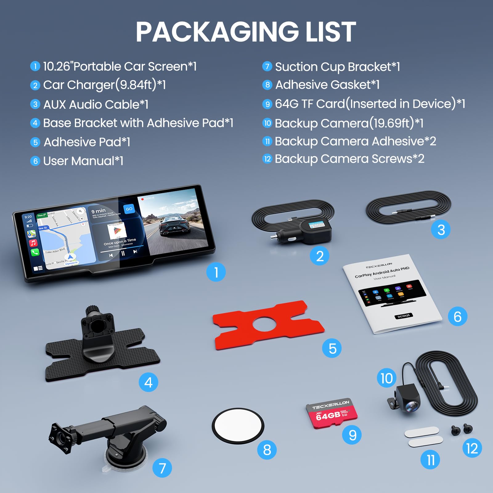 TECXERLLON 10.26'' Wireless Carplay Screen for Car with 4K Dash Cam & 1080P Backup Camera, Portable Car Audio Receivers with Carplay & Android Auto, GPS Navigation, Airplay, Mirror Link