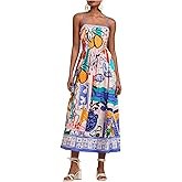 WDIRARA Women's Boho Floral Sleeveless Ruffle Maxi Dress Tropical Graphic Tie Shoulder Smocked Cami Dresses