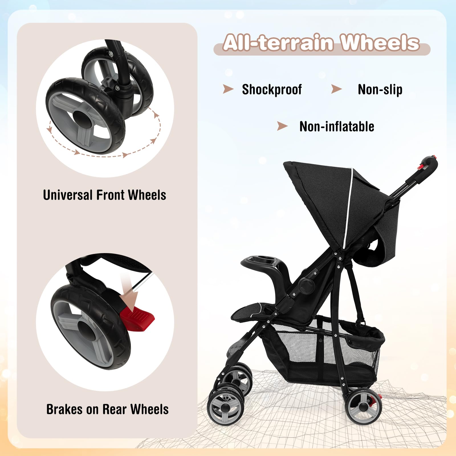 Baby Joy Lightweight Stroller, Compact Toddler Travel Stroller for Airplane, Infant Stroller w/Adjustable Backrest/Footrest/Canopy, 5-Point Harness, Storage Basket, Easy One-Hand Fold, Black