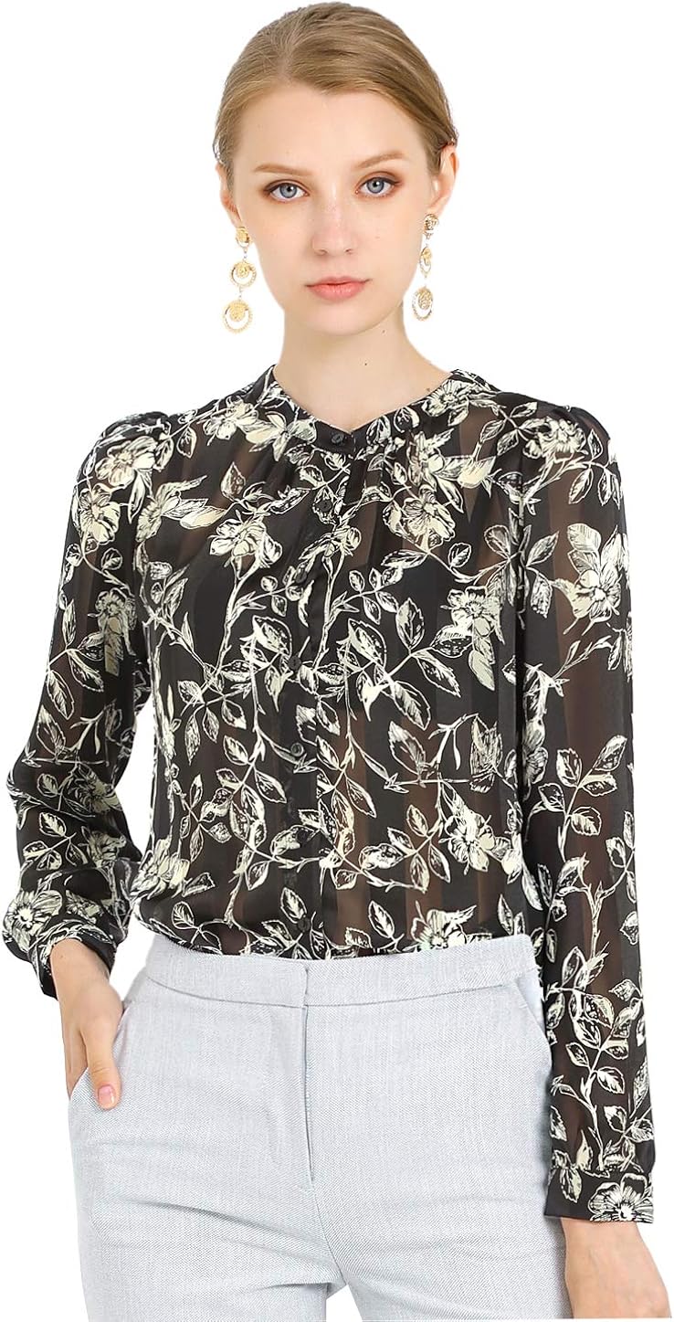 Allegra K Women's Semi-Sheer Puff Sleeve Shirt Leaves Floral Work Office Blouse