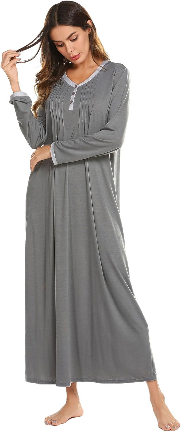 Ekouaer Womens Nightshirt Long Sleeves Nightgown, Casual Button Up Sleepwear Henley Full Length Sleep Dress at  Women’s Clothing store