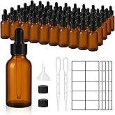UPBUD 50 Pack 1oz Amber Glass Dropper Bottles Leakproof with Funnels, Eye Droppers, Extra Caps, Labels - Refillable UV 30ml E