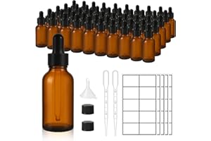 UPBUD 50 Pack 1oz Amber Glass Dropper Bottles Leakproof with Funnels, Eye Droppers, Extra Caps, Labels - Refillable UV 30ml Empty Bottles for Tinctures, Essential Oils, Perfume, Beard, Hair Oil