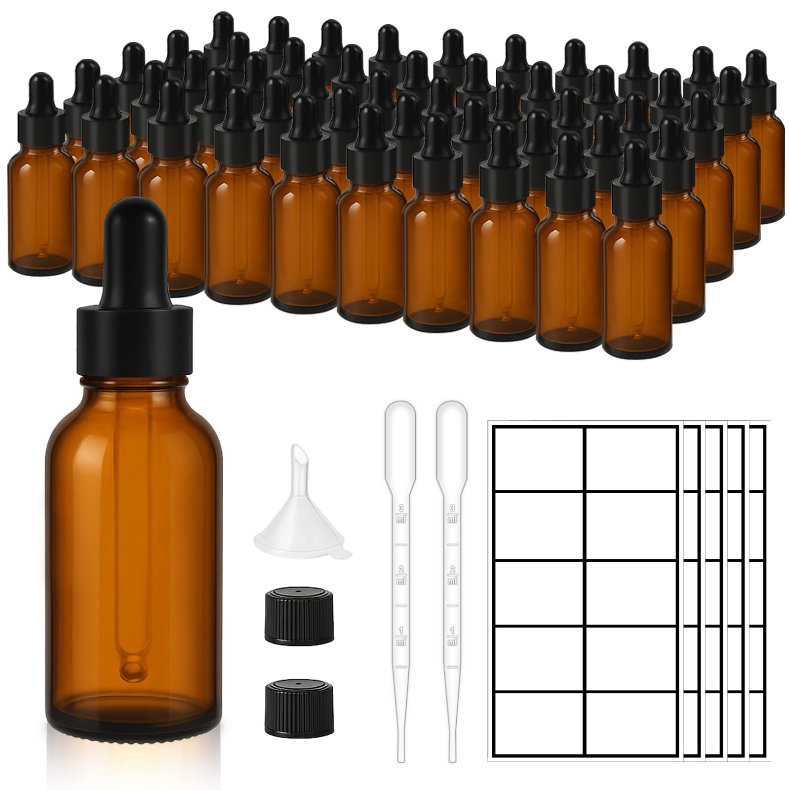 Photo 1 of UPBUD 50 Pack 1oz Amber Glass Dropper Bottles Leakproof with Funnels, Eye Droppers, Extra Caps, Labels - Refillable UV 30ml Empty Bottles for Tinctures, Essential Oils, Perfume, Beard, Hair Oil