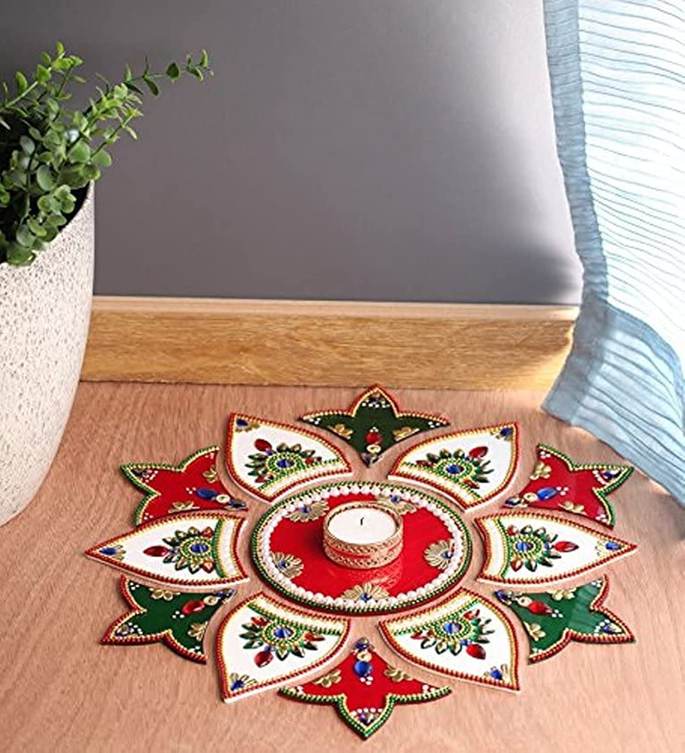 Itiha White Red Green 13 Pieces Rangoli Indian Decor for Wall Decoration, Floor decoration & Table decoration for Diwali & Christmas with Tea light candle holder (15 inches * 15 inches)