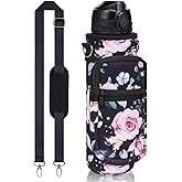 Fimibuke 32 oz Water Bottle with Sleeve - BPA Free Leakproof Sport Large 1L Plastic Motivational Water Bottle with Straw Strap & Insulated Neoprene Holder Carrier Bag Great Xmas Gift for Women Men