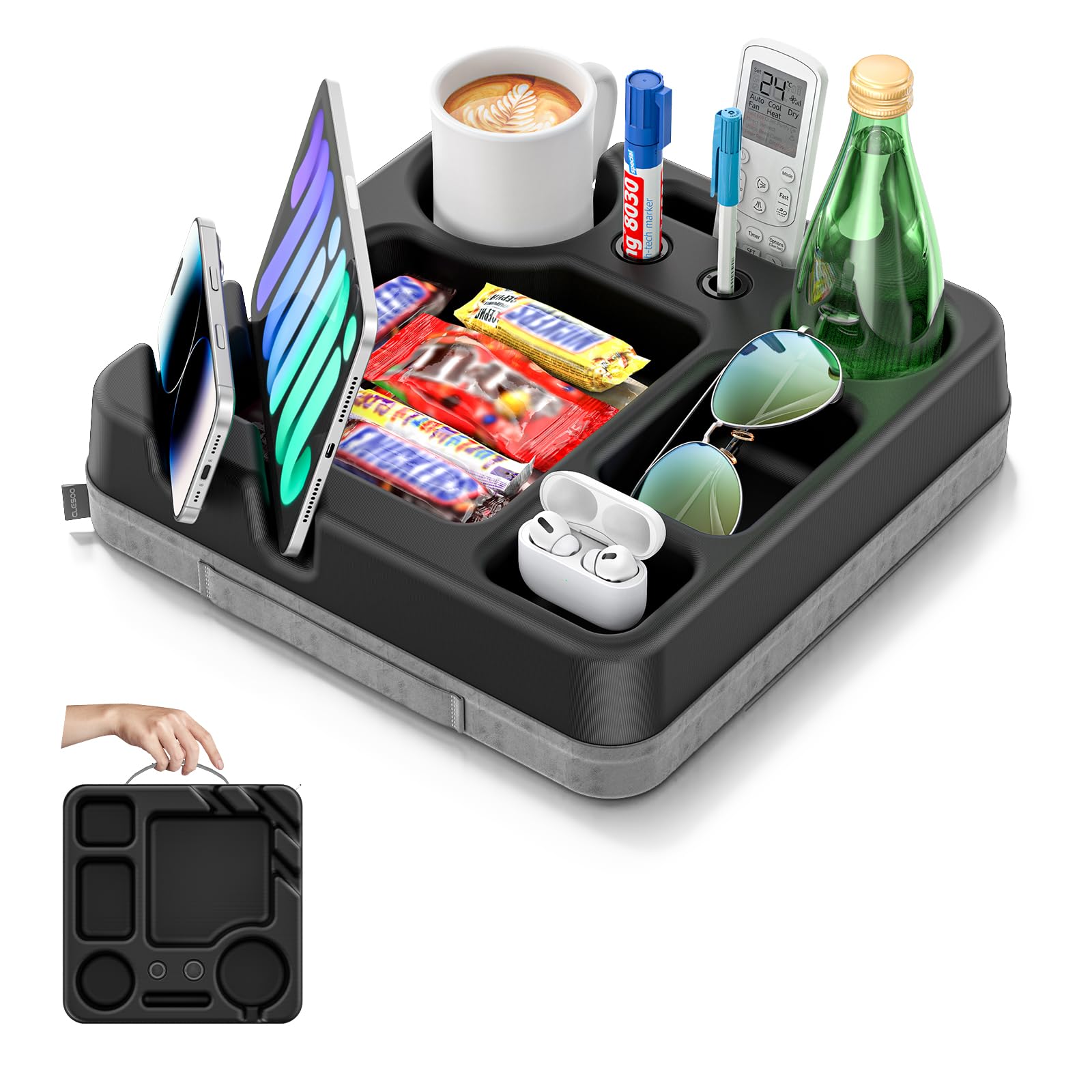 Photo 1 of Couch Cup Holder Tray Couch Cup Holder Pillow Bed Tray Snack Sofa Bed Caddy Organizer Beach Sofa Drink Holder Anti-Spill Portable Snack Caddy Couch Remote Holder for Phone Pad Kindle Beverage Black