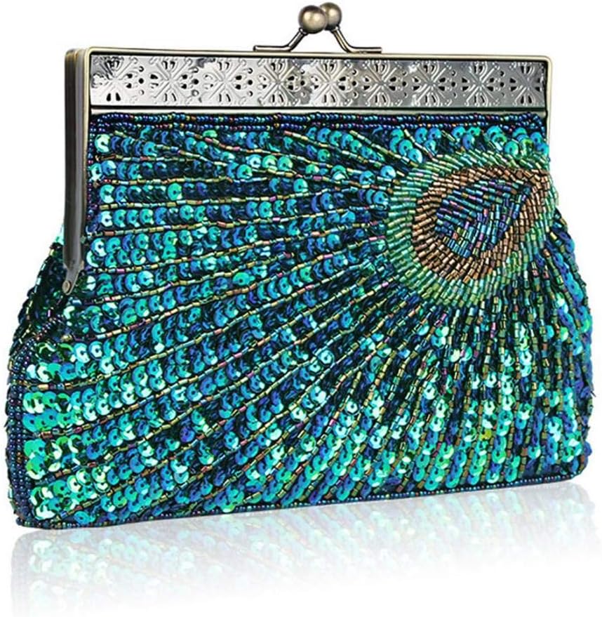 Womens Vintage Sequin Beaded Evening Bag Antique Peacock Evening Wedding Clutch Purse Evening Handbag for Wedding Cocktail Party (Peacock Blue)