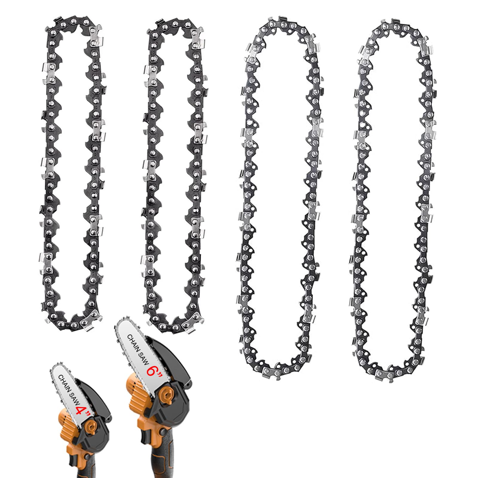 KASESSS 4 Pack Mini Chainsaw Chain, 4 Inch and 6 Inch, 043" Gauge, 1/4" LP Pitch, Manganese Steel Guide Saw Chain Replacement for Tree Trimming Mini Chainsaws (28 Drive Links and 37 Drive Links)