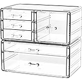 Cq acrylic 2 Pack Clear Desk Organizer With Drawers,Stackable 6 Drawers Skincare Organizer,Cute Skin Care Organizers for Vanity Hair Clip,Jewelry,Beauty Product Desk and Makeup Organizers Countertop