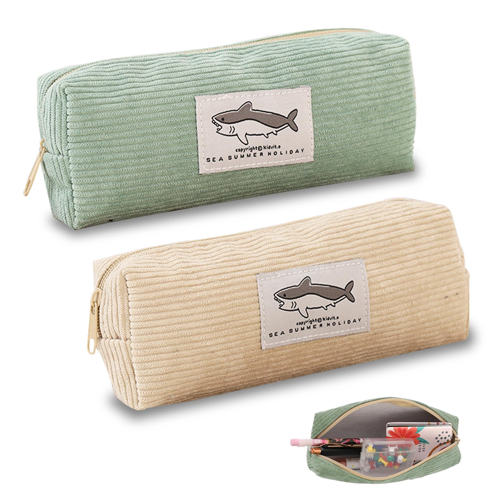BSITSSS 2-Piece Large Study Case, Zip Smooth Pouch, Beige Multifunctional Pencil Pouch, Green Corduroy Case for Students/Children/Girls/Boys