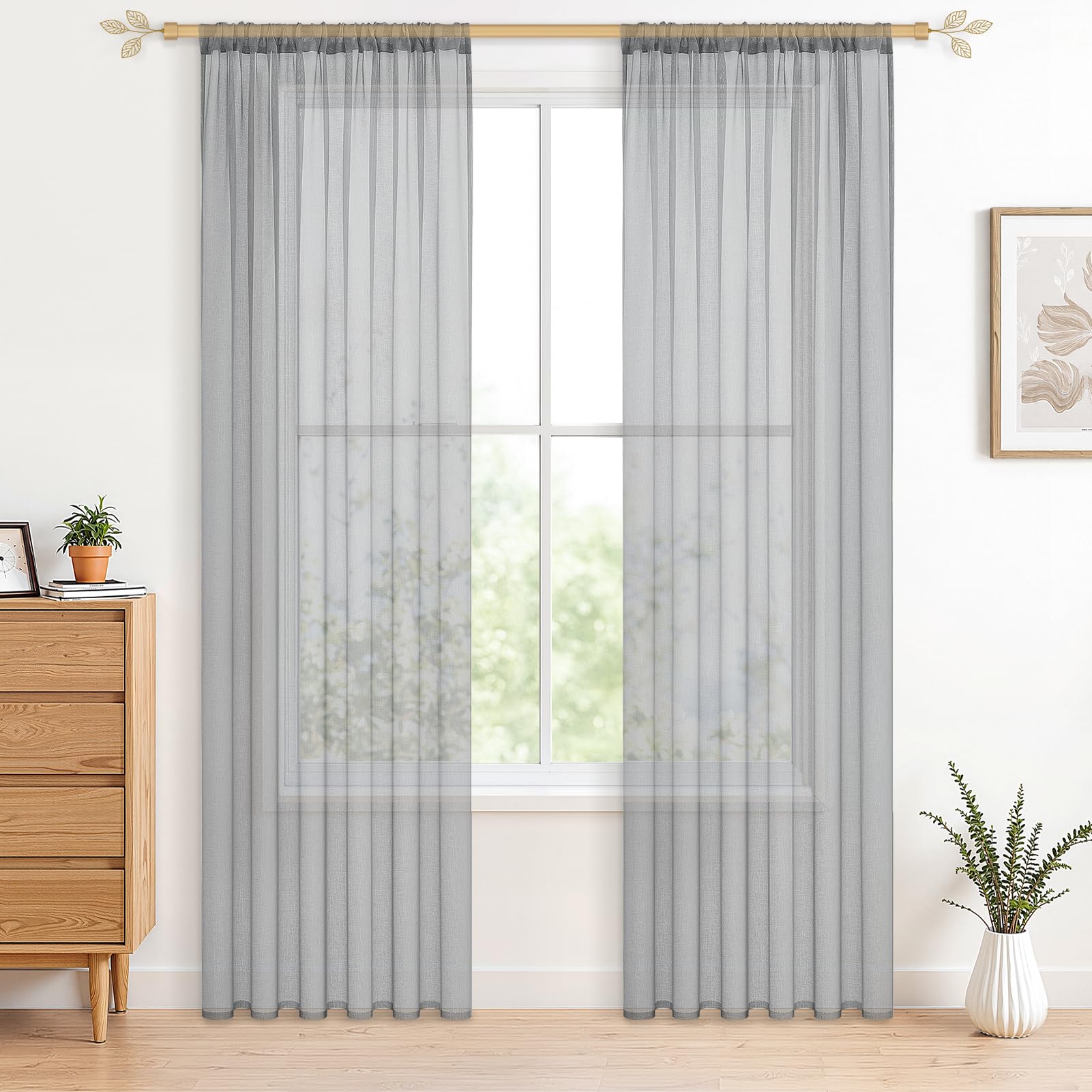 CUTEWIND Pair of Grey Drop Sheer Curtains 88 Inch Length Voile Top Curtains for Cafe Window Bedroom Living Room Balcony Basement Rod Pocket Ashy Curtains 2 Panels(Grey,55" x 88")