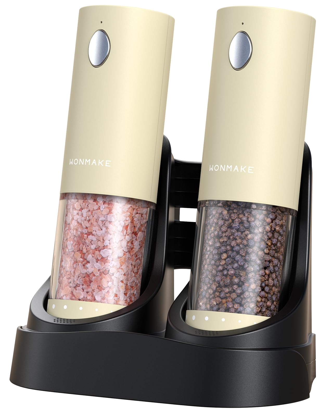 Electric Salt and Pepper Grinder Set - Automatic Refillable Salt and Pepper Grinders with Charging Base & LED Light, 6-Level Adjustable Coarseness with External Dial, Ideal Kitchen Gadget，Beige Image