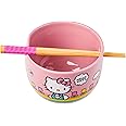 Silver Buffalo Hello Kitty Spring and Summer Flowers Rainbow Stripes Ceramic Ramen Noodle Rice Bowl with Chopsticks, Microwave Safe, 20 Ounces