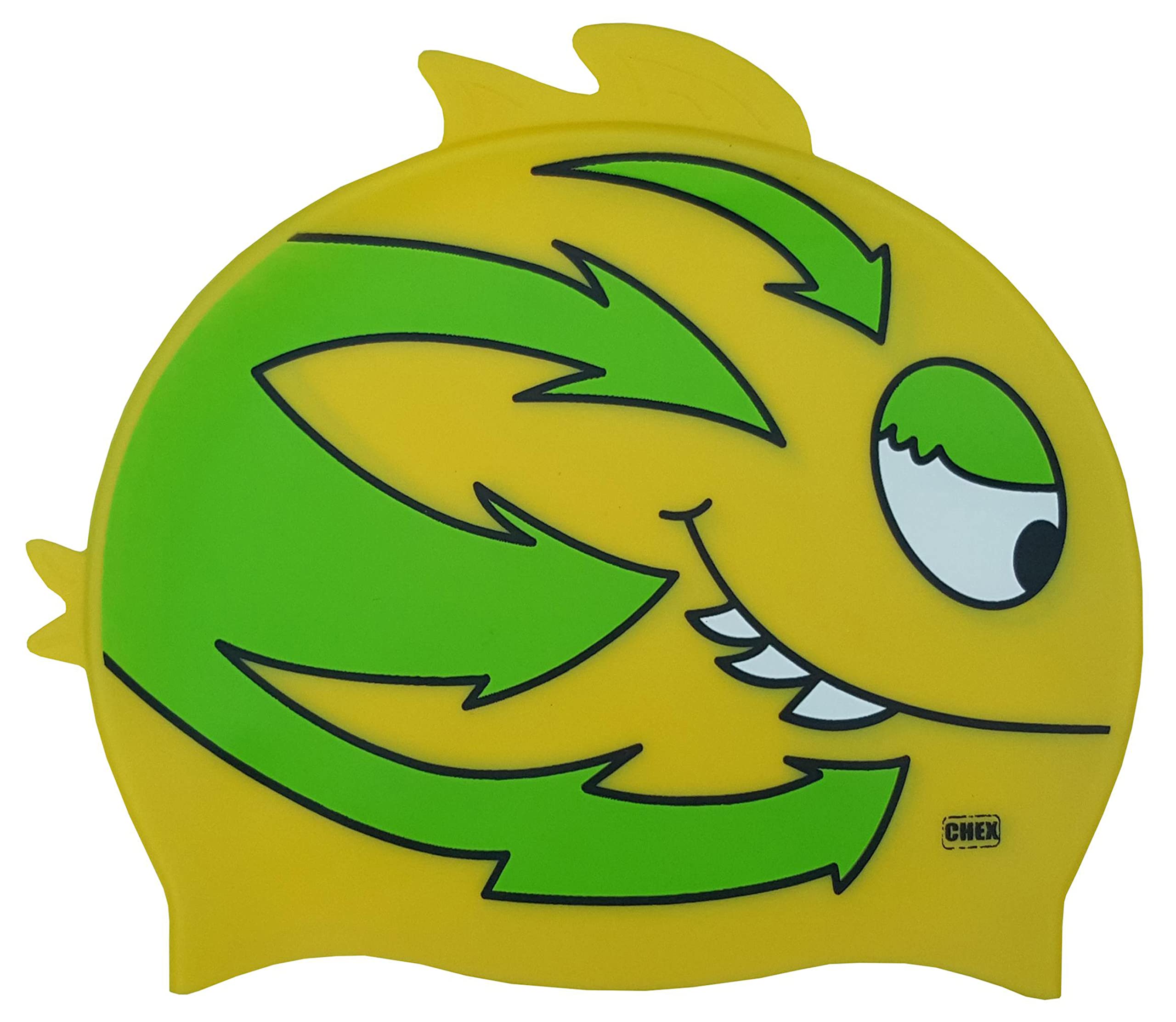 CHEX Stretchy Silicone Unisex Girls Boys 3-7 Years One Piece Swimming Hat Swim Cap Smiley Fish Double Fin Print Design One Size Pull On Swim Hat (Yellow/Green)