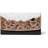 Merbaa Sundown Stash Tooled Leather Cowhide Hair On Trifold Wallet for Women RFID Blocking Wallet