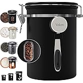 Veken Large Coffee Canister with Window, Rice Kitchen Food Storage Airtight Stainless Steel Container with Lids, Date Tracker and Scoop, Grounds, Beans, Tea, Flour, Cereal, Sugar Jars, 38oz, Black