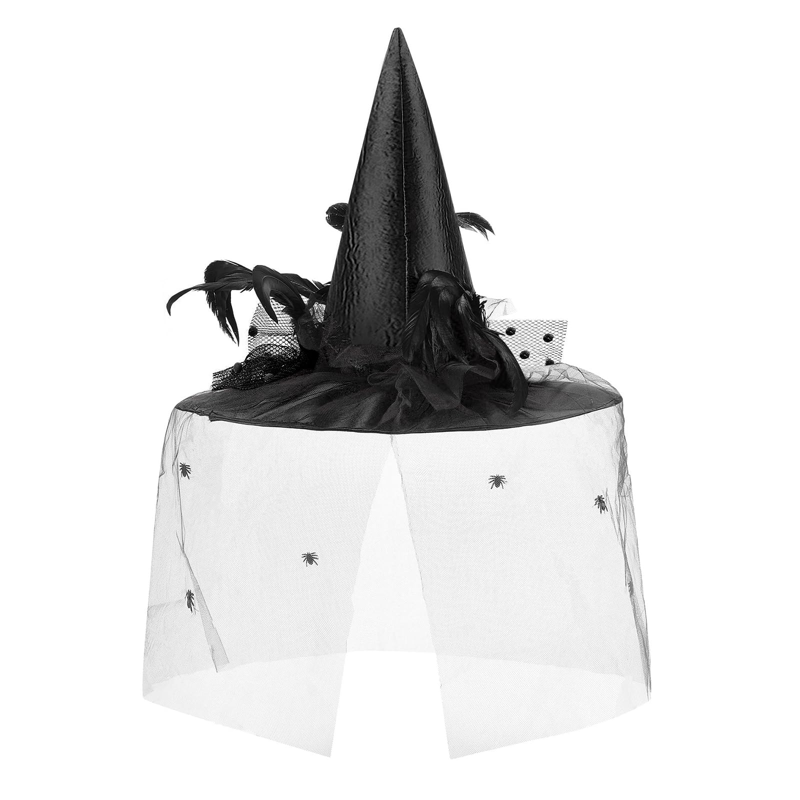 NICEYEA Halloween Wicked Black Witch Hat Pointed Wizard Hat with Feather Halloween Christmas Carnival Party Decoration Fancy Dress Cosplay Costume Accessory