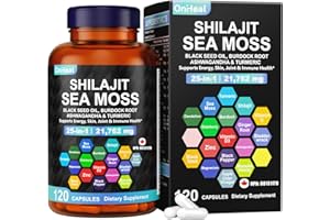 25-in-1 Sea Moss Black Seed Oil Ashwagandha Ginger Shilajit Supplement, with Burdock Root, Rhodiola Rosea, Vitamins C & D3, S