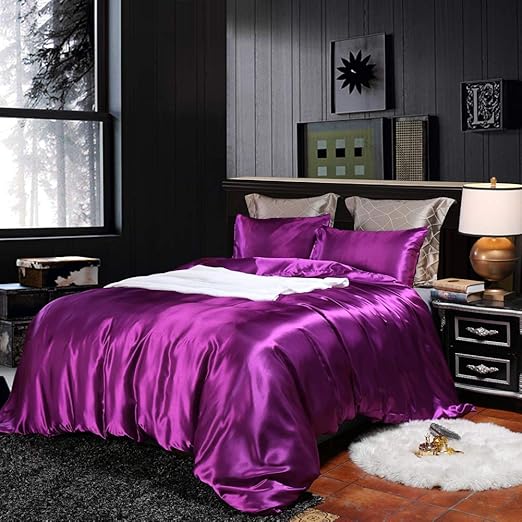 Purple Satin Super King Duvet Cover Fitted Sheet And 4 Pillowcases Bedding Set Amazon Co Uk Kitchen Home