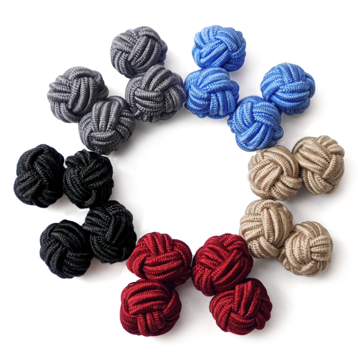 HONEY BEAR 5 Pairs Mens/Women Silk Fabric Knot Twisted Cufflinks Set, for Shirt/Dress Business Wedding,Round Shape (Black Brown Grey Blue Red without box)