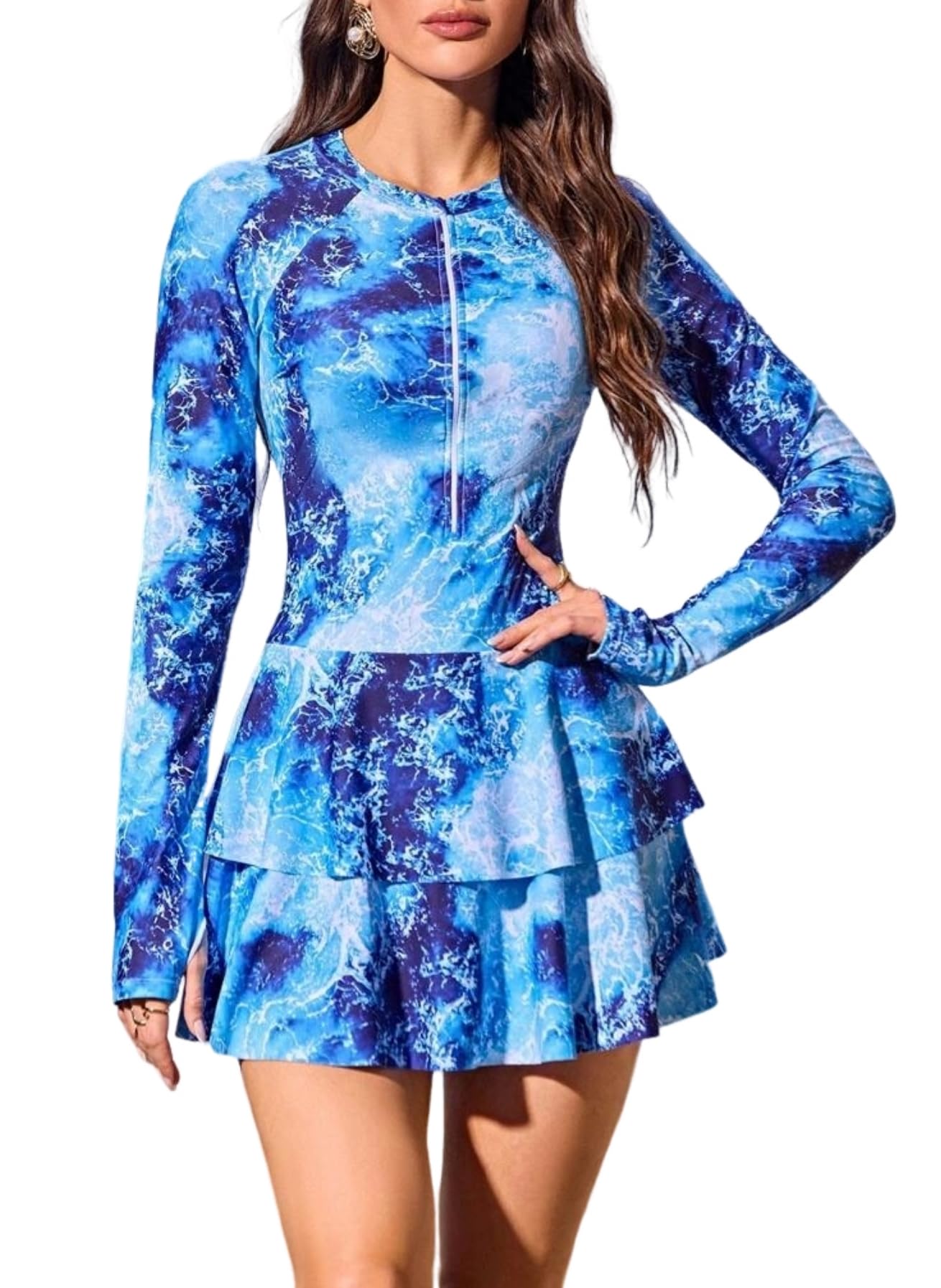 Photo 1 of ZAFUL Women's One Piece Rash Guard Long Sleeve Modest Swimsuits Dress Zipper Bathing Suit Swimskirt 1-Ocean-XL