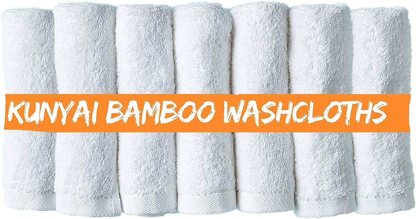 Kunyai Bamboo Washcloths - Best Premium Luxury Organic Washcloth 10X10 Inches, for Adults and Kids Better Than Cotton Ideal Gift and Baby Registry - Soft White Hypoallergenic Fiber (7 Towel Set)