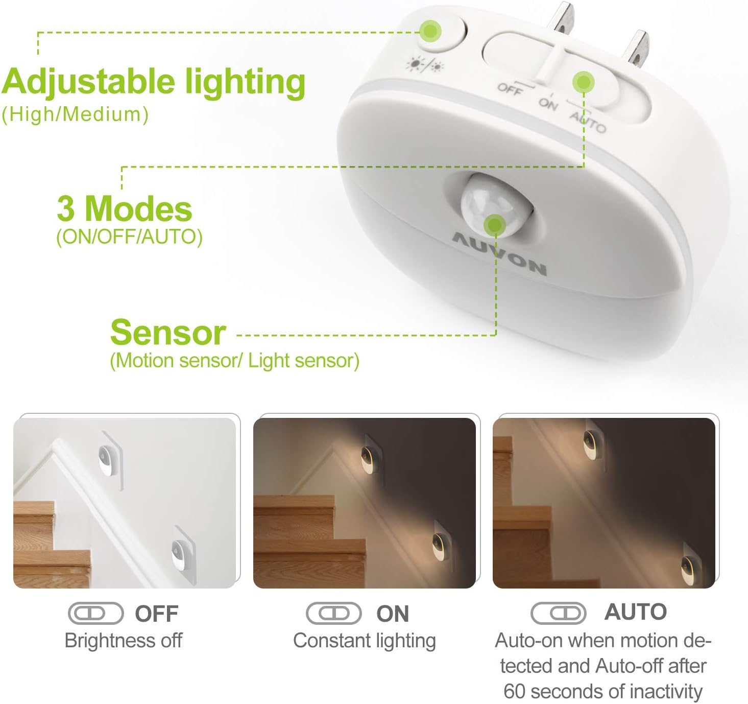 AUVON Plug-in LED Motion Sensor Night Light, Mini Warm White LED Nightlight with Dusk to Dawn Motion Sensor, Adjustable Brightness for Bedroom, Bathroom, Kitchen, Hallway, Stairs (4 Pack) - - 