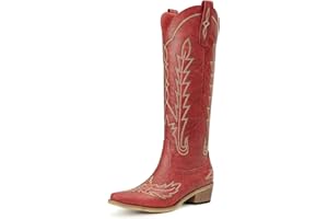 Rivalran Cowboy Boots for Women - Knee High Embroidered Western Cowgirl Boots, Pointed Toe Chunky Heel Retro Country Boots, Pull On Zipper Vintage Fashion Tall Boots for Girls Ladies