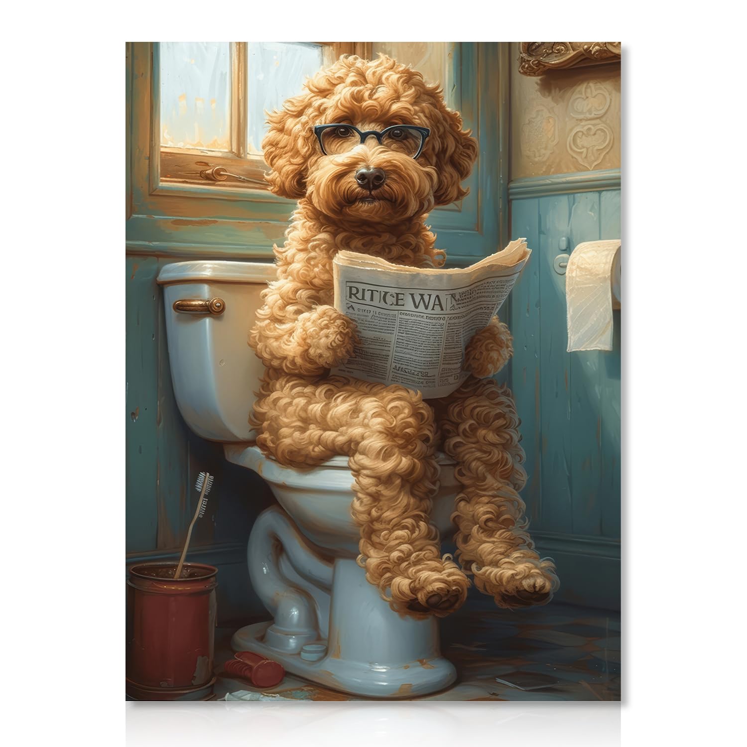 Dazzlewall Funny Bathroom Wall Art Poster Dog Reading Newspaper on Toilet, Vintage Dog Wall Art Prints for Toilet Bathroom Decor 12x16 in Unframed