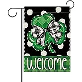 Dyrenson Welcome St Patricks Day Decorative Garden Flag, Lucky Shamrock Clover Plaid Bow Polka Dots Yard Outside Home Decoration, Irish Spring Burlap Outdoor Small Decor Double Sided 12 x 18