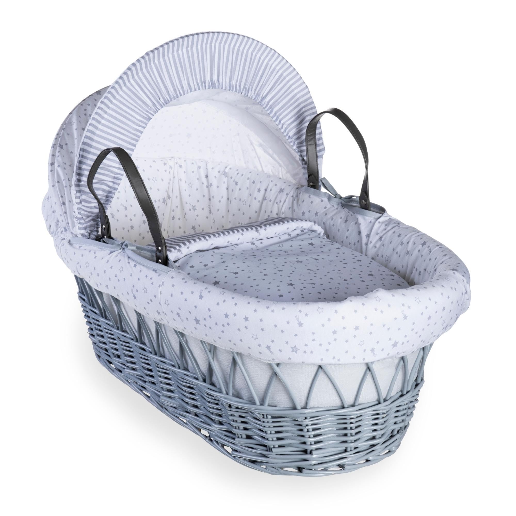 Clair de Lune Stars and Stripes Grey Wicker Moses Basket inc. bedding, mattress & adjustable hood (Grey)