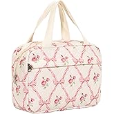 uekeboag Large Size Quilted Coquette Makeup Bag, Cute Preppy Floral Cotton Travel Cosmetic Organizer Bag with Top Handle, Multi-Layer Travel Toiletry Pouch for Girls (03Pink Bow)