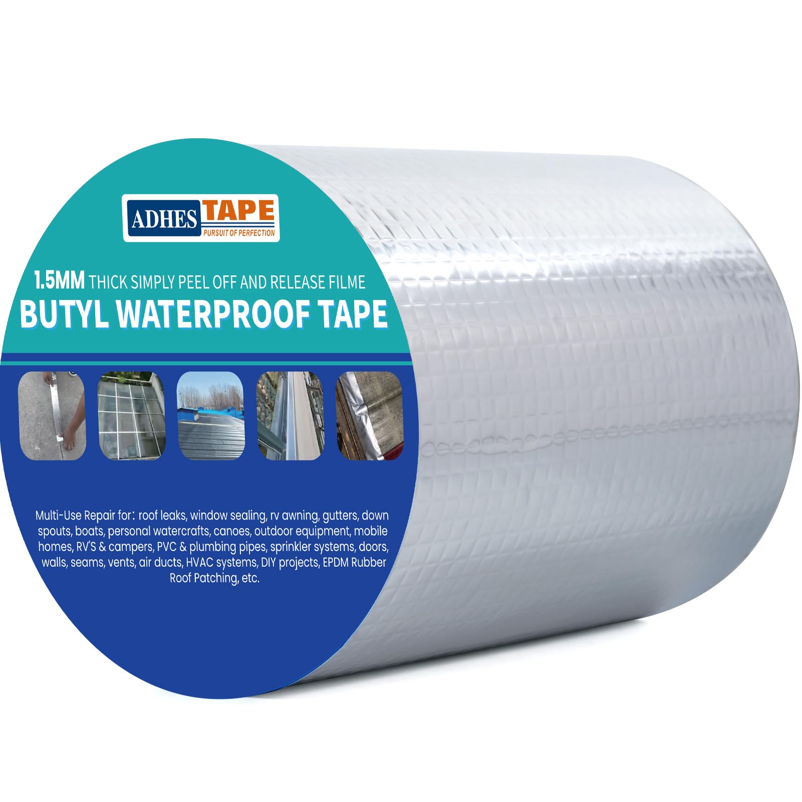 ADHES Butyl Tape Waterproof Tape Aluminum Foil Tape with Strong Rubber 150mm x 5m 1 roll 1.5mm Thickness for Roof Leak, Surface Crack, Window Sill Gap, Pipe Rupture