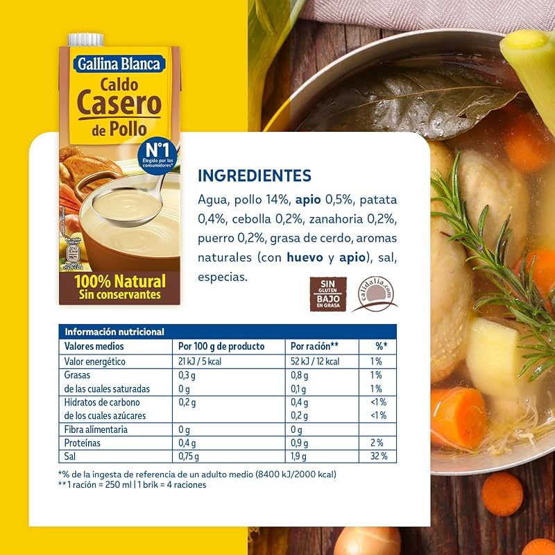 Caldo Casero de Pollo, 1L, 100% Natural Paquete de 4