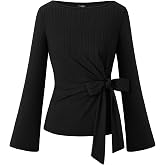 ZESICA Womens Business Casual Tie Waist Ruched Long Sleeve Top | Bell Sleeve Shirts, Elegant Boat Neck, Slim Fitted, Fall Trendy Top, Going Out Tops for Women