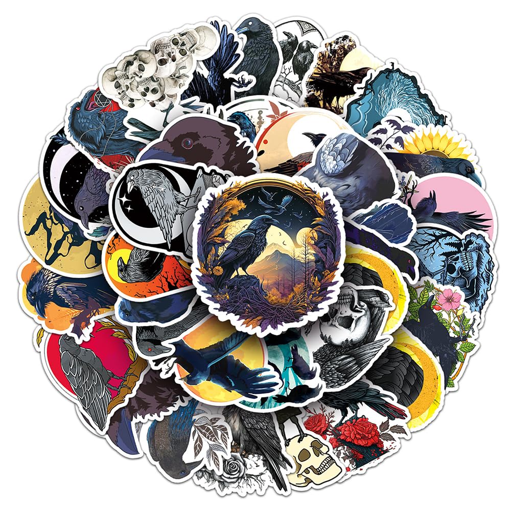 Dark Raven Vinyl Stickers, 50 PCS Waterproof Illustrated Birds Decals for Laptops, Scrapbooking, Journals, Notebooks, Water Bottles, Suitcases, Phones & DIY Decor