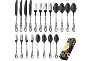 Black Silverware Set for 4, 20-Piece Stainless Steel Halloween Dinnerware Include Knife Fork Spoon Gothic Skull Silverware Se