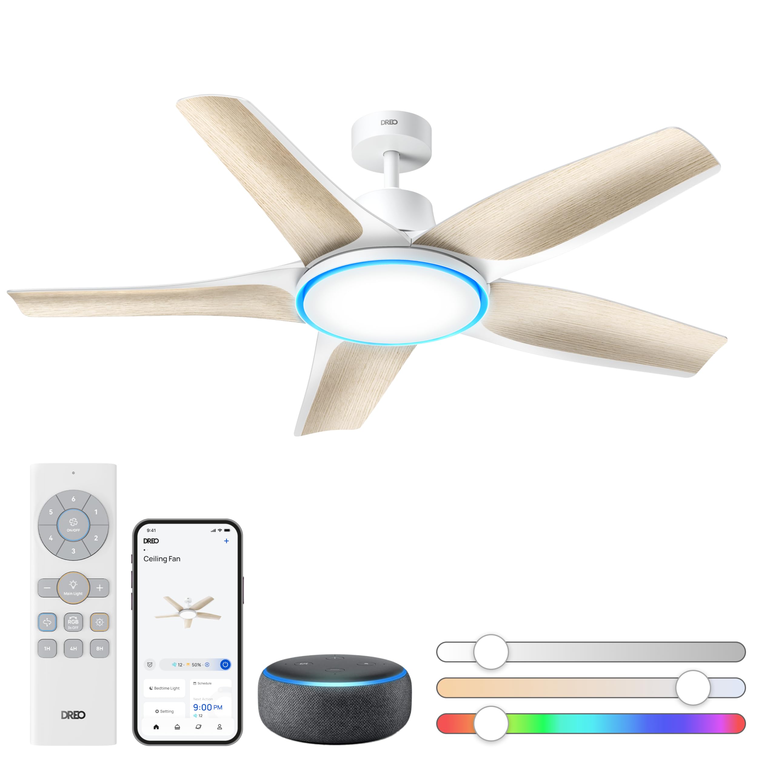 Dreo Smart Ceiling Fans with Lights, Low profile Ceiling Fan with Alexa/App, 52'' Dimmable Lighting & Color Tuning, RGB Ambient Light for Living Room, Game Room, Easy Installation, Quiet, White
